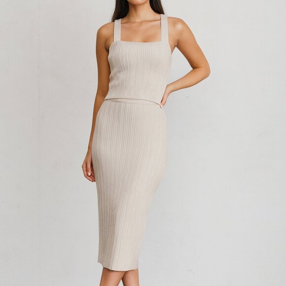 NWT Marled Knit Nude Oatmeal 2 Piece Set Ribbed Tank Top & Bodycon Tube Skirt - Picture 4 of 11
